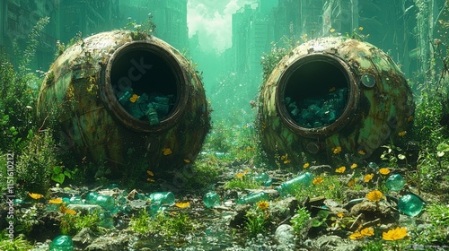 Two rusty spherical containers filled with teal bottles lie amidst overgrown ruins in a post-apocalyptic world. Nature reclaims the decaying cityscape as wildflowers bloom among the debris. photo