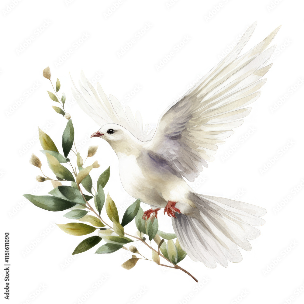 Obraz premium A watercolor painting depicts a white dove soaring gracefully, carrying an olive branch a symbol of peace and hope.