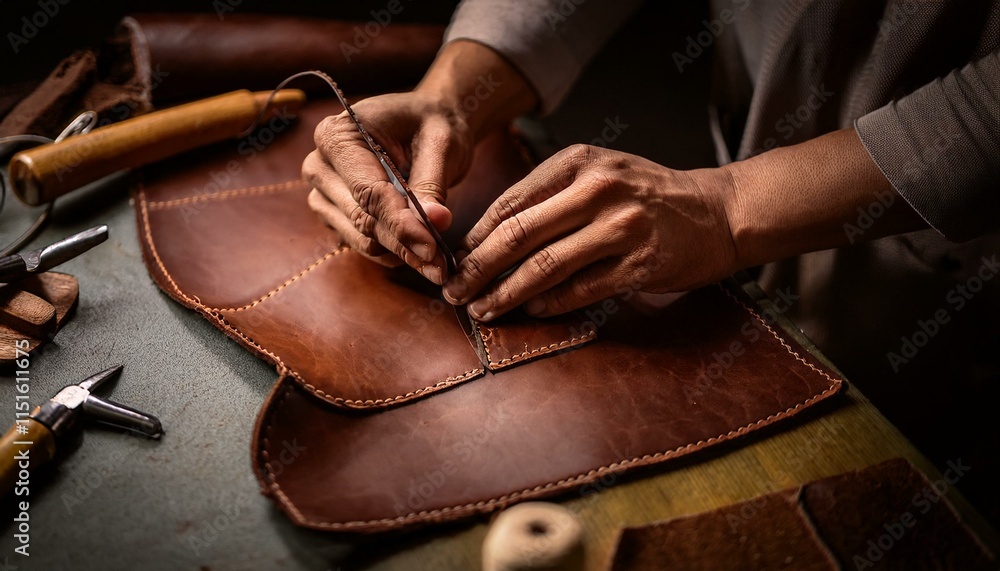Fototapeta premium Leather goods evolve through careful crafting. 