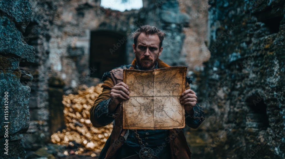A rugged adventurer stands in ancient ruins. He holds an old treasure map with determination. The backdrop reveals hidden riches waiting to be discovered. Generative AI A rugged adventurer stands in ancient ruins. He holds an old treasure map with determination. The backdrop reveals hidden riches waiting to be discovered. Generative AI