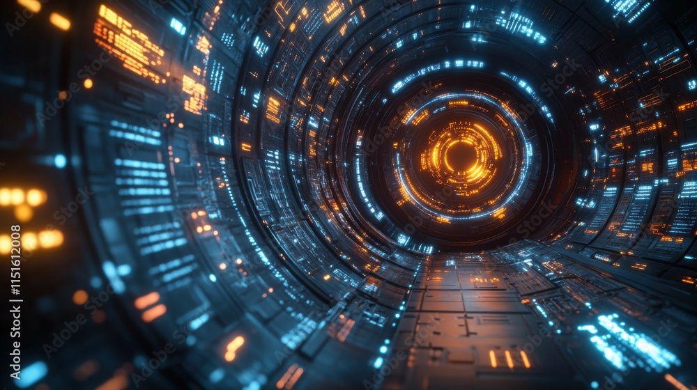 A mesmerizing view of a futuristic tunnel featuring bright blue and orange lights, resembling a digital interface or cyber world. A mesmerizing view of a futuristic tunnel featuring bright blue and orange lights, resembling a digital interface or cyber world.