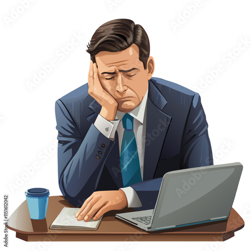 Businessman tried and sleepy with working hard vector image, Isolated on white background.
