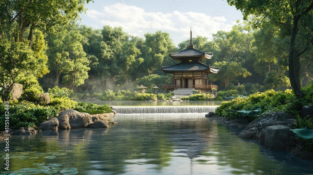 Serene Japanese Pagoda by the Water Serene Japanese Pagoda by the Water