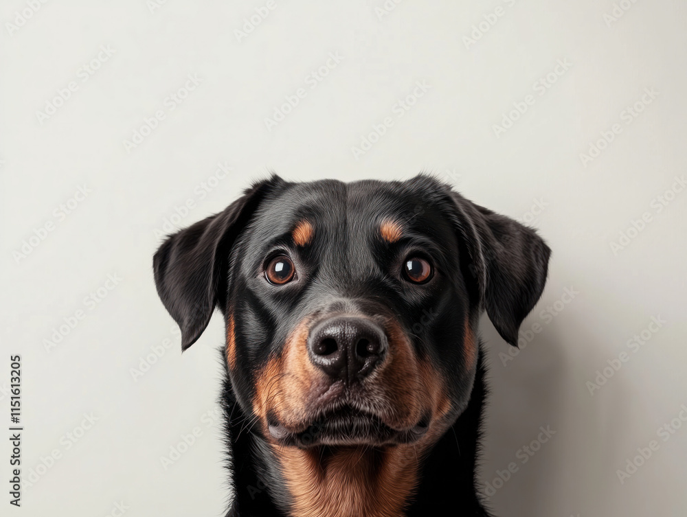 Fototapeta premium Charming Rottweiler Portrait Featuring a Beautiful Dog Against a Crisp White Background