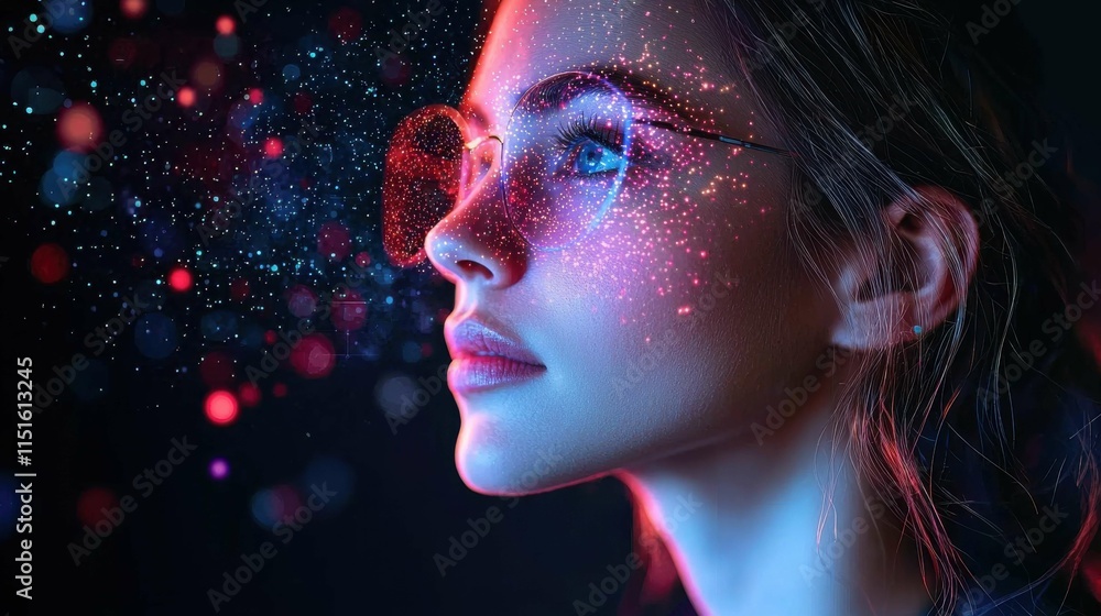 A close-up of a woman with glasses, featuring colorful digital effects that surround her face. The image has a sci-fi vibe. A close-up of a woman with glasses, featuring colorful digital effects that surround her face. The image has a sci-fi vibe.