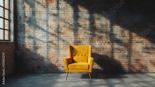 Brick accent wall in modern dark room with yellow mustard armchair. industrial loft style interior design. Cinder. Illustration photo