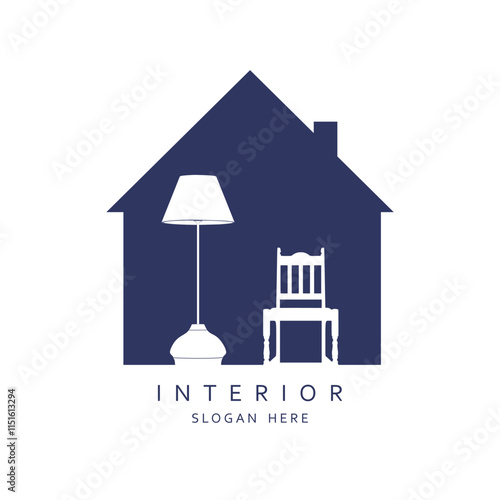 House icon with floor lamp and chair. Template of electric torchere for interior design, energy furniture business branding. Home equipment in modern style.