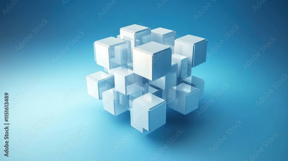 Abstract 3D Cube Composition: Interlocking Geometric Forms on Blue Background Abstract 3D Cube Composition: Interlocking Geometric Forms on Blue Background