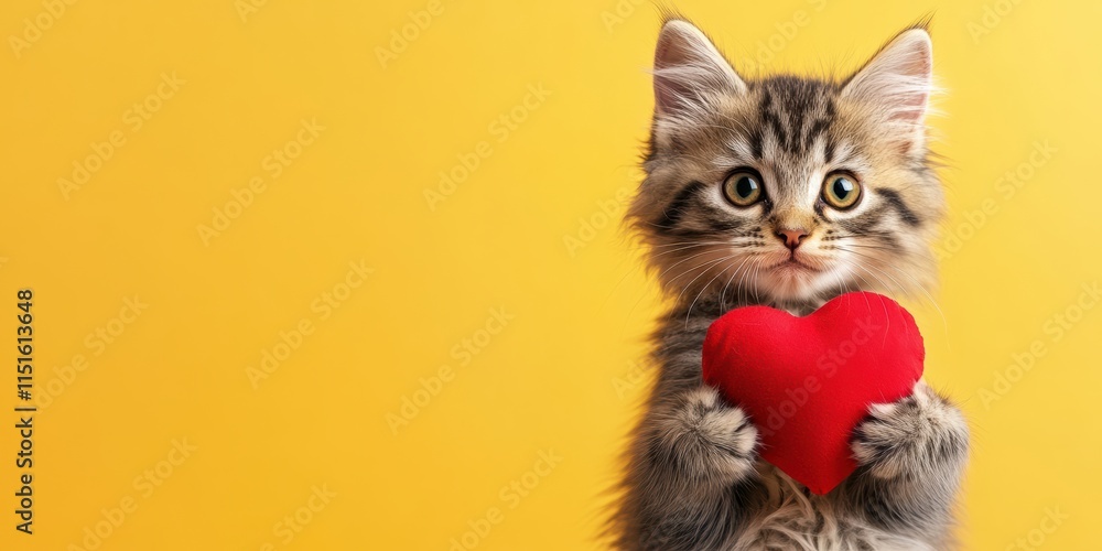Obraz premium A playful and adorable kitten is happily holding a bright red heart in celebration of Valentines Day, showcasing its charm and affection that warm our hearts and bring joy to our lives