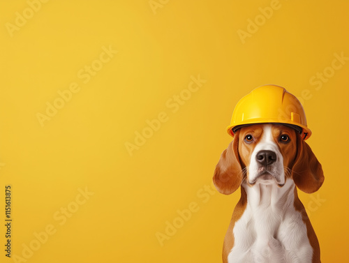 Festive Labor Day Banner Showcasing a Beagle in a Construction Helmet Against a Vibrant Yellow Backdrop photo