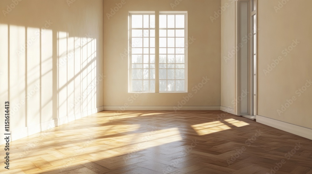 Sunlit Empty Room: Modern Interior Design with Hardwood Floor and Large Window Sunlit Empty Room: Modern Interior Design with Hardwood Floor and Large Window