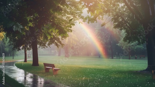 A rainbow shining over a quiet park