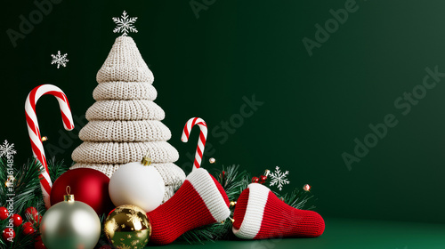 3D Knitted Christmas tree ornament socks snowflake and candy cane, red and green merry christmas and happy new year poster decoration winter background