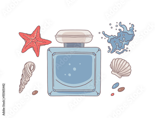 Vector illustration of set with image of bottle and ingredients of perfume.