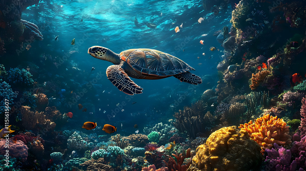 Fototapeta premium Majestic Sea Turtle in Vibrant Coral Reef