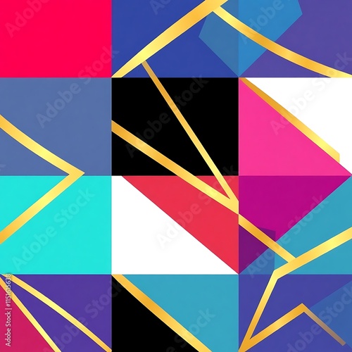 Geometric Abstract Art: A captivating abstract composition with vibrant colors and gold accents. Bold geometric shapes create a dynamic and modern design. Perfect for contemporary interior design.