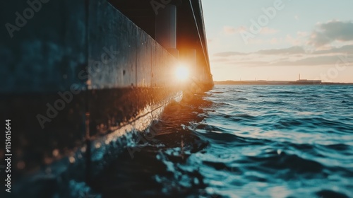 Sunset Glow Over Water Near Concrete Pier