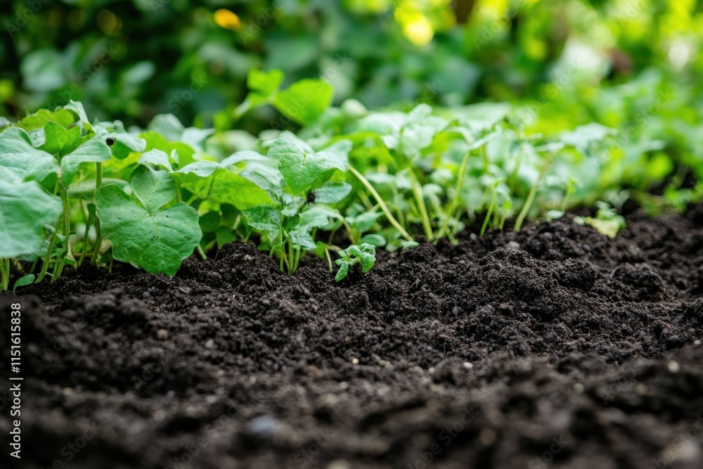 Cultivating healthy plants fertile garden soil closeup shot lush green environment ground level view importance of organic soil for growth Cultivating healthy plants fertile garden soil closeup shot lush green environment ground level view importance of organic soil for growth