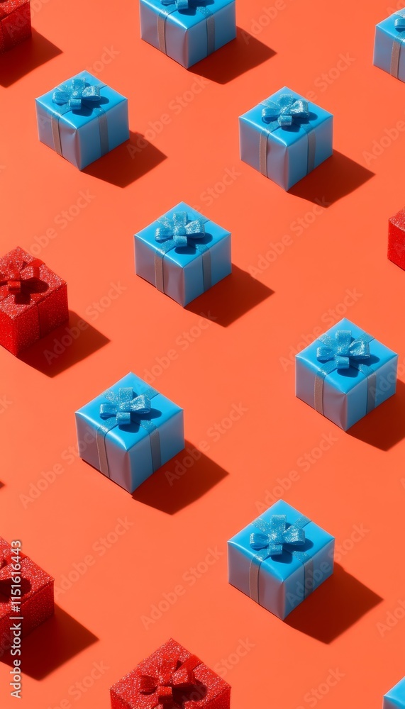 Obraz premium Pattern of Blue And Red Mini Gift Boxes On Bright Coral Background, Festive Holiday Concept.