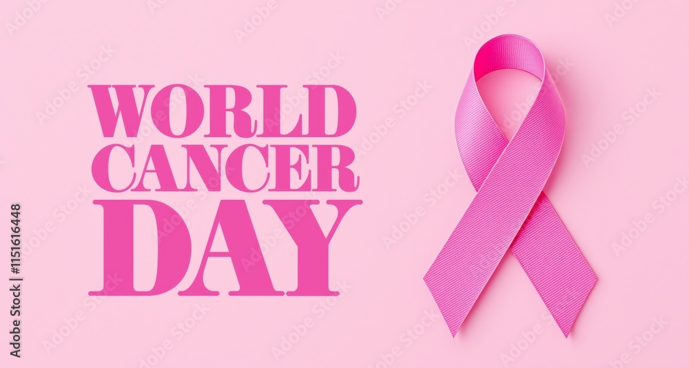 World Cancer Day Pink Ribbon Symbol on Light Pink Background World Cancer Day Pink Ribbon Symbol on Light Pink Background
