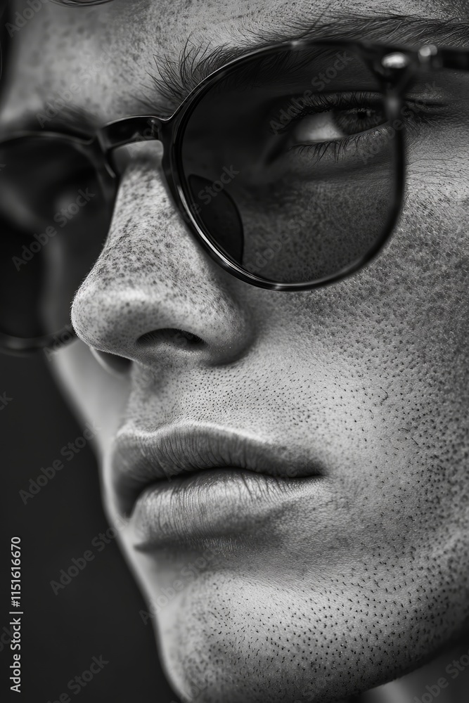 Extreme close-up side profile portrait of a freckled male emphasizing fine details and textures with a high-contrast black and white photo Extreme close-up side profile portrait of a freckled male emphasizing fine details and textures with a high-contrast black and white photo