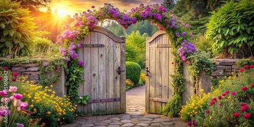Serene Garden Gateway at Sunset Wooden gate adorned with vibrant purple flowers, opening to a tranquil path amid blooming flora and a stone wall at golden hour.