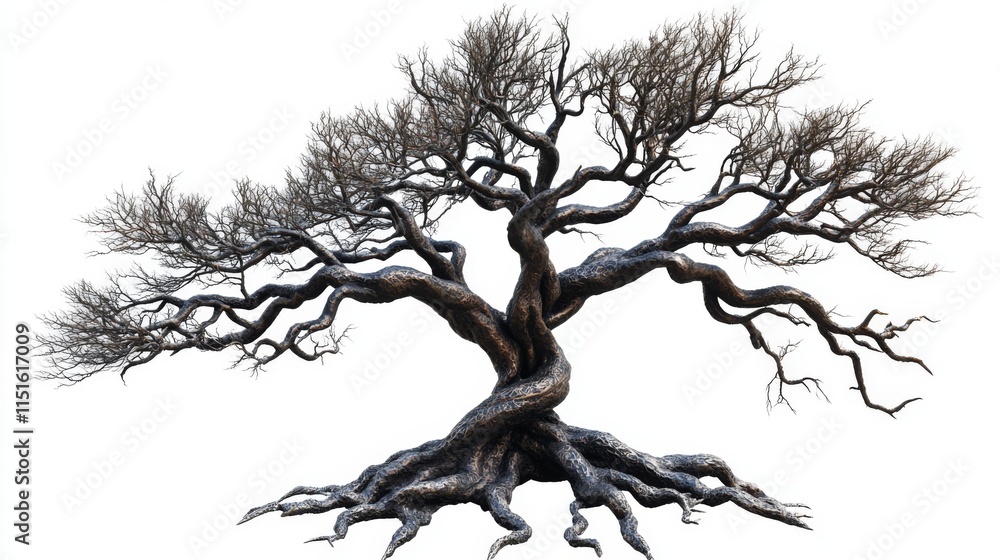 A striking twisted tree stands boldly against a minimal background. Its gnarled branches reach outwards, creating a compelling silhouette. A symbol of resilience. Generative AI A striking twisted tree stands boldly against a minimal background. Its gnarled branches reach outwards, creating a compelling silhouette. A symbol of resilience. Generative AI