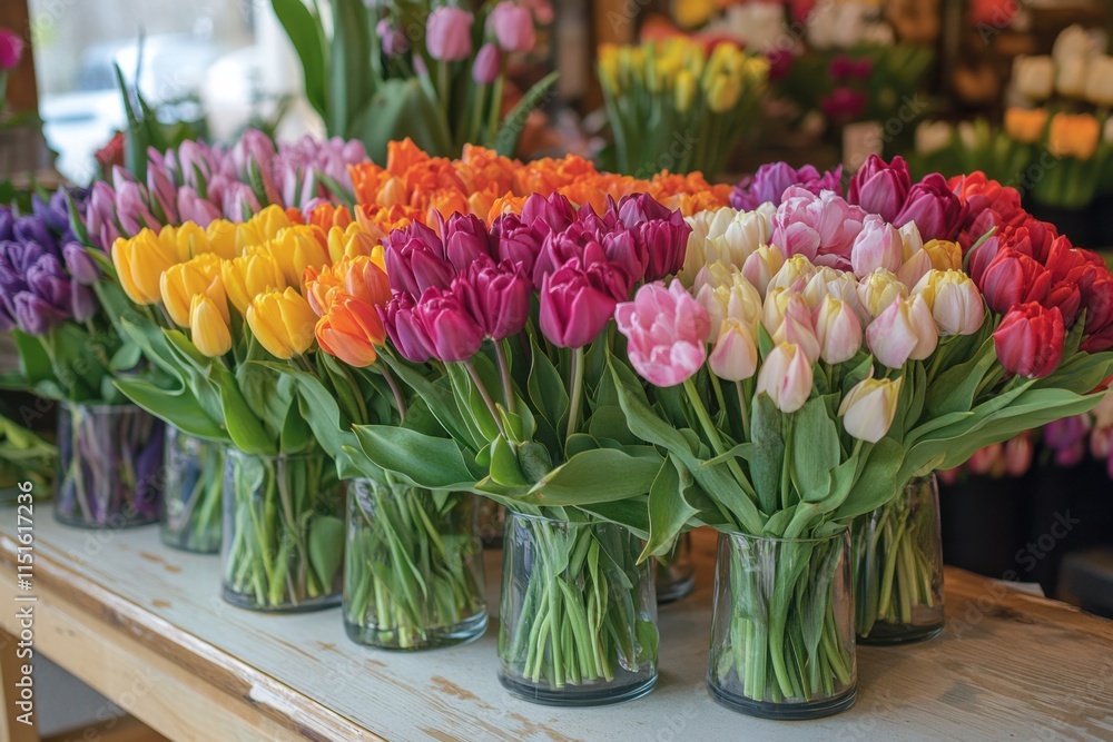 Colorful bouquets of tulips elegantly displayed on a florist's counter, showcasing the beauty and diversity of tulips Colorful bouquets of tulips elegantly displayed on a florist's counter, showcasing the beauty and diversity of tulips