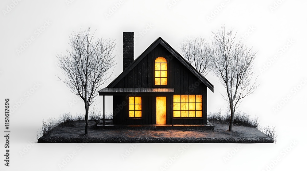 Illuminated black house at dusk 3d model minimalist design Illuminated black house at dusk 3d model minimalist design