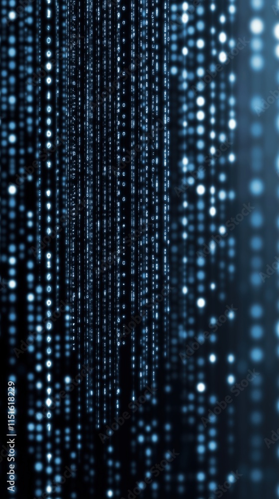 Abstract digital matrix of glowing blue symbols and dots cascading vertically, creating a futuristic and high-tech visual effect. Abstract digital matrix of glowing blue symbols and dots cascading vertically, creating a futuristic and high-tech visual effect.