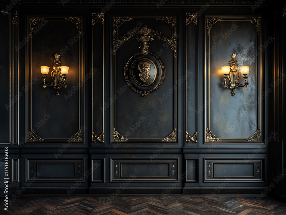 Black Luxury wall panel in classical style with sconces Black Luxury wall panel in classical style with sconces