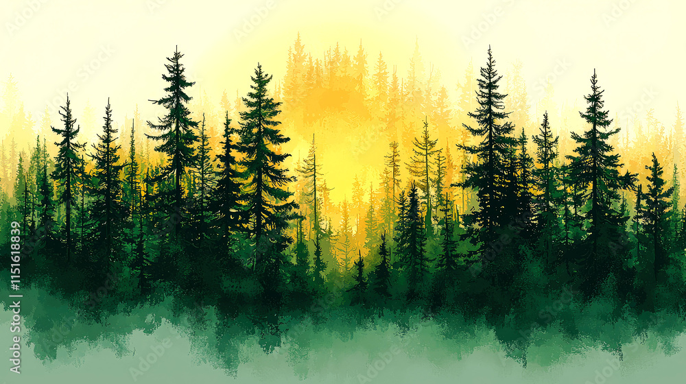 Obraz premium Sunset over misty evergreen forest.