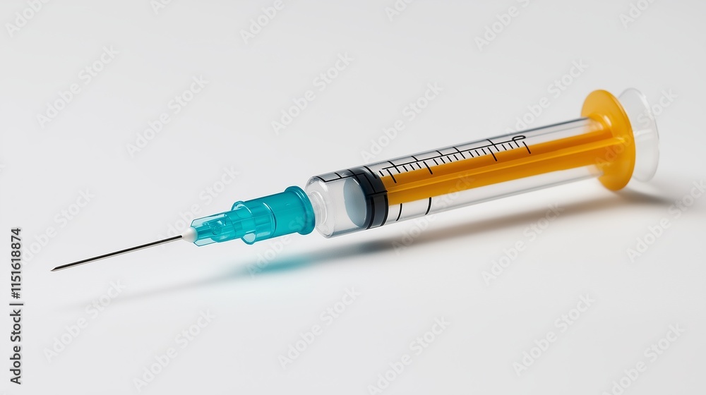 Fototapeta premium Syringe with a turquoise needle and yellow plunger on white background