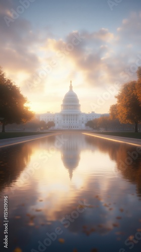 The U.S. Capitol building reflected in a calm pool at sunset, surrounded by autumnal trees and golden light. photo