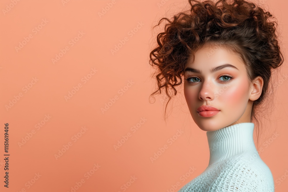 Modern minimalist design featuring a young woman with curly hair against an orange and teal background Modern minimalist design featuring a young woman with curly hair against an orange and teal background