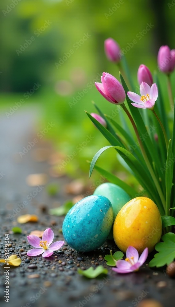 Colorful eggs and spring foliage on grey concrete ground , foliage, eggs, leafy greens Colorful eggs and spring foliage on grey concrete ground , foliage, eggs, leafy greens