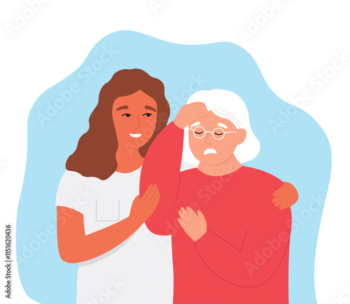 A young woman nurse helps an elderly woman cope with illness and poor health. Old lady support, empathy. Vector flat graphics.