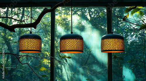 Three hanging lamps illuminate a lush garden view. photo