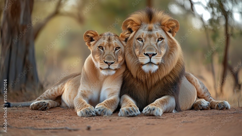 A Majestic Lion Couple Resting Together in the African Savanna Under Soft Light, Capturing Their Tranquility and Bond in a Natural Setting A Majestic Lion Couple Resting Together in the African Savanna Under Soft Light, Capturing Their Tranquility and Bond in a Natural Setting