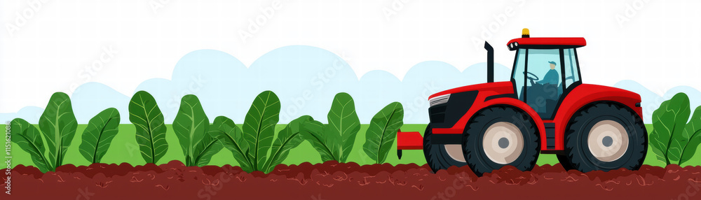 A red tractor plows through a field of green leafy vegetables against a clear blue sky, representing agriculture and farming. A red tractor plows through a field of green leafy vegetables against a clear blue sky, representing agriculture and farming.