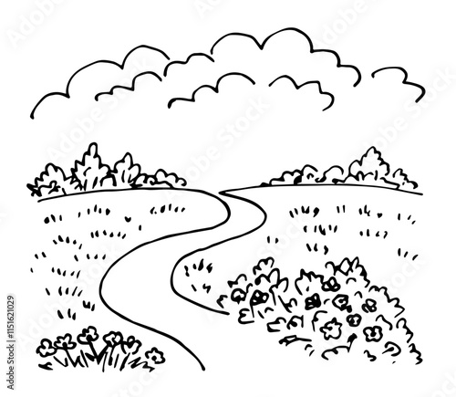 Summer rural landscape, countryside nature. Blooming meadow, road, hills and vegetation, bushes, trees, clouds in the sky. Simple vector ink sketch.
