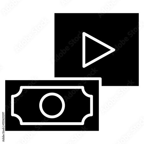 Video Ads Invoice Icon, Black And White Glyph Icon Symbol