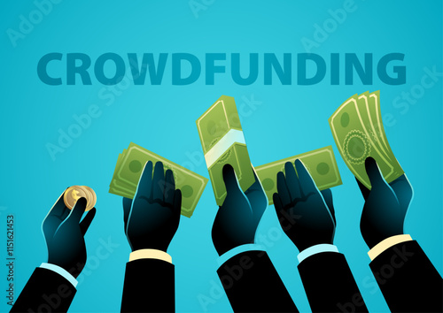 Hands offering money, accompanied by the text Crowdfunding. Representing themes of community support, fundraising, and collective investment