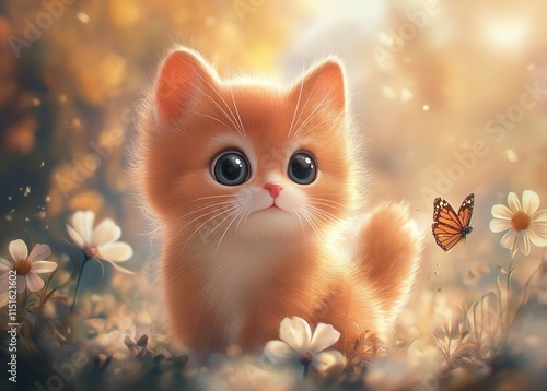 Adorable Orange Kitten in a Flower Garden with a Butterfly: A Digital Painting of Feline Innocence