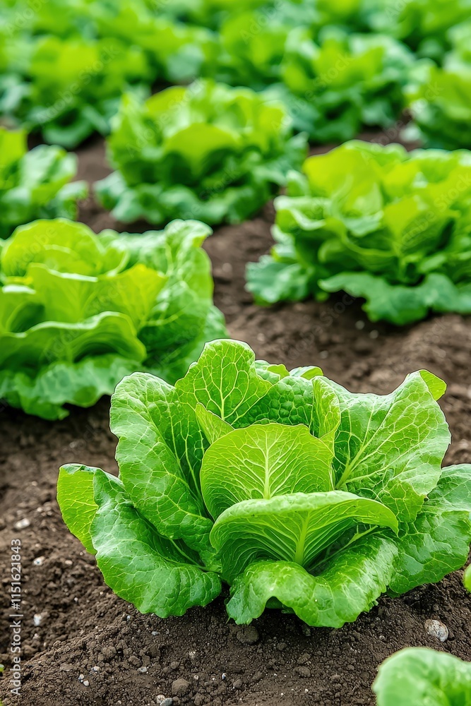 A greenhouse filled with rows of green oak lettuce at various stages. A greenhouse filled with rows of green oak lettuce at various stages.