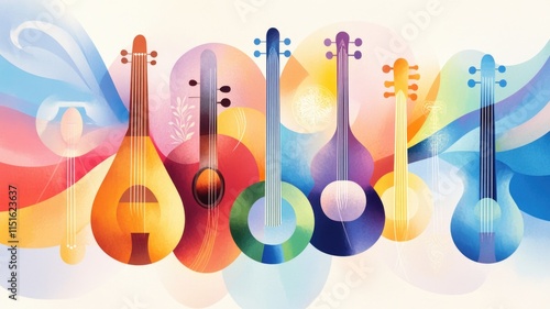 Colorful abstract musical instruments with vibrant patterns in artistic array