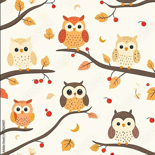 A repeating pattern of smiling woodland owls perched on tree branches, surrounded by whimsical leaves, berries, and tiny crescent moons in warm earthy tones.  photo