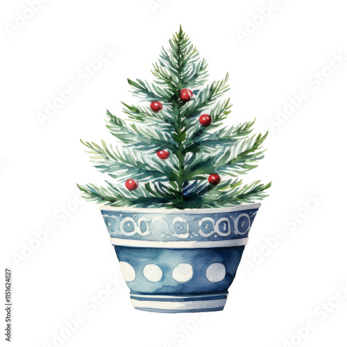A watercolor painting depicts a small Christmas tree in a blue and white patterned pot adorned with red berries.