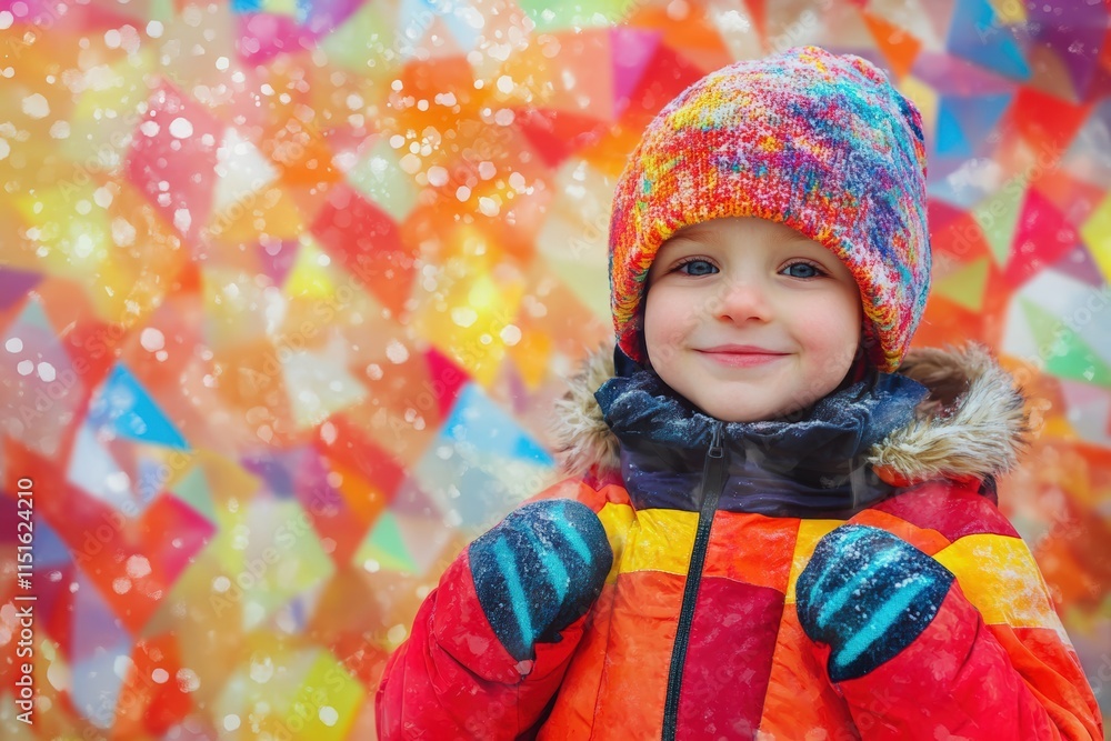 Bright and colorful abstract background featuring a joyful child in mittens and winter attire Bright and colorful abstract background featuring a joyful child in mittens and winter attire