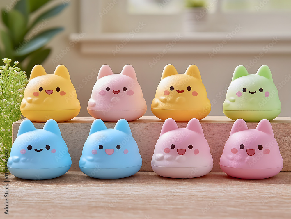 Cute and colorful collectible cat figures displayed on a wooden table in a cozy room setting Cute and colorful collectible cat figures displayed on a wooden table in a cozy room setting